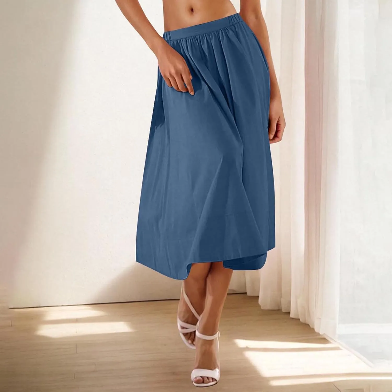 Women Casual Midi Skirt Summer Business Pleated Skirts Elastic High Waist Flowy A Line Dress Beach Vacation Clothes