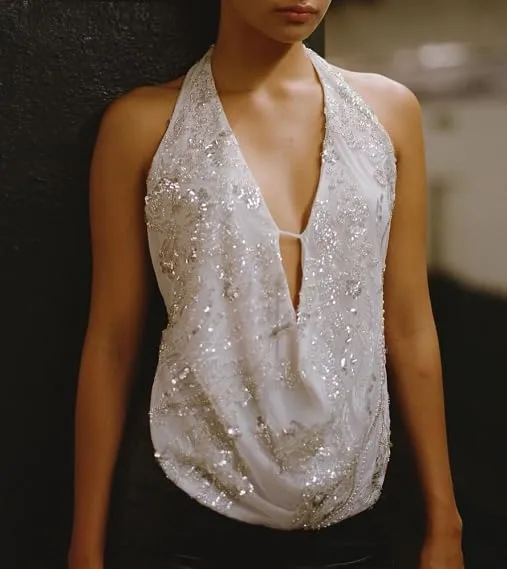 Women Halter Neck Tops Deep V Neck Open Back Sequin Crop Top Flower Sleeveless Tank Tops Beach Streetwear