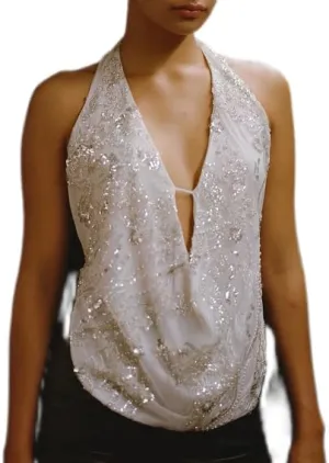Women Halter Neck Tops Deep V Neck Open Back Sequin Crop Top Flower Sleeveless Tank Tops Beach Streetwear