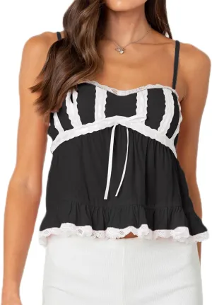 Women Lace Trim Ruffle Hem Camisole Tops Cute Bow Babydoll Peplum Cami Shirt Summer Tank Tops Y2K Fairy Streetwear