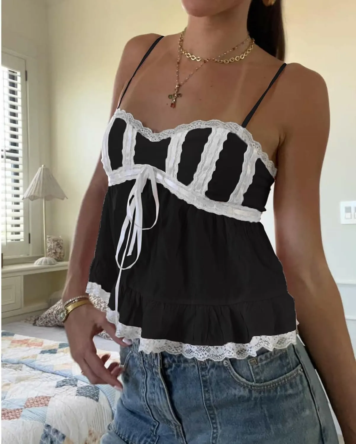 Women Lace Trim Ruffle Hem Camisole Tops Cute Bow Babydoll Peplum Cami Shirt Summer Tank Tops Y2K Fairy Streetwear