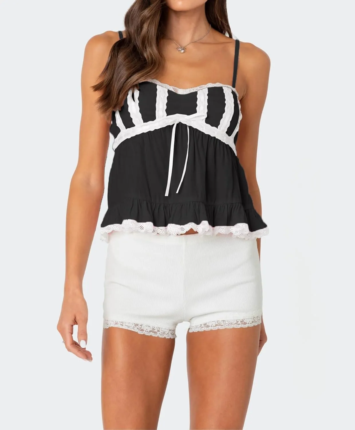 Women Lace Trim Ruffle Hem Camisole Tops Cute Bow Babydoll Peplum Cami Shirt Summer Tank Tops Y2K Fairy Streetwear