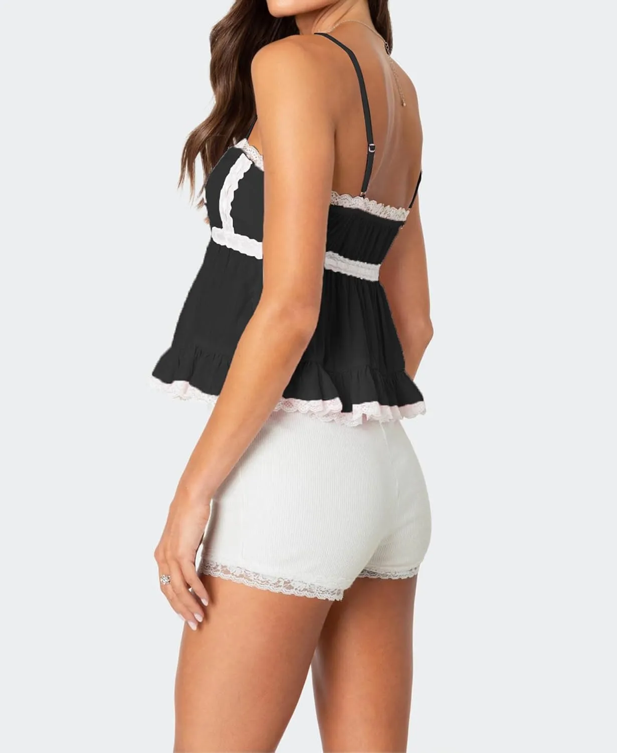 Women Lace Trim Ruffle Hem Camisole Tops Cute Bow Babydoll Peplum Cami Shirt Summer Tank Tops Y2K Fairy Streetwear