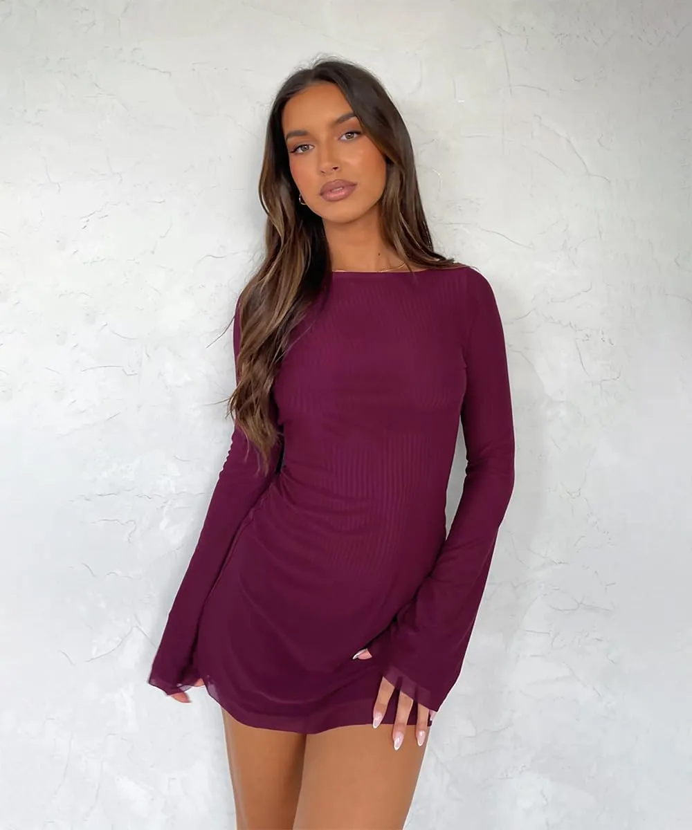 Women Long Sleeve Mini Dress Sexy Boat Neck Mesh Bell Sleeve Self Tie Back Sheer Backless Bodycon Y2k Short Dresses