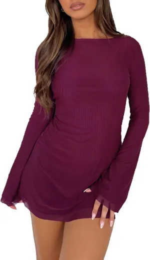 Women Long Sleeve Mini Dress Sexy Boat Neck Mesh Bell Sleeve Self Tie Back Sheer Backless Bodycon Y2k Short Dresses