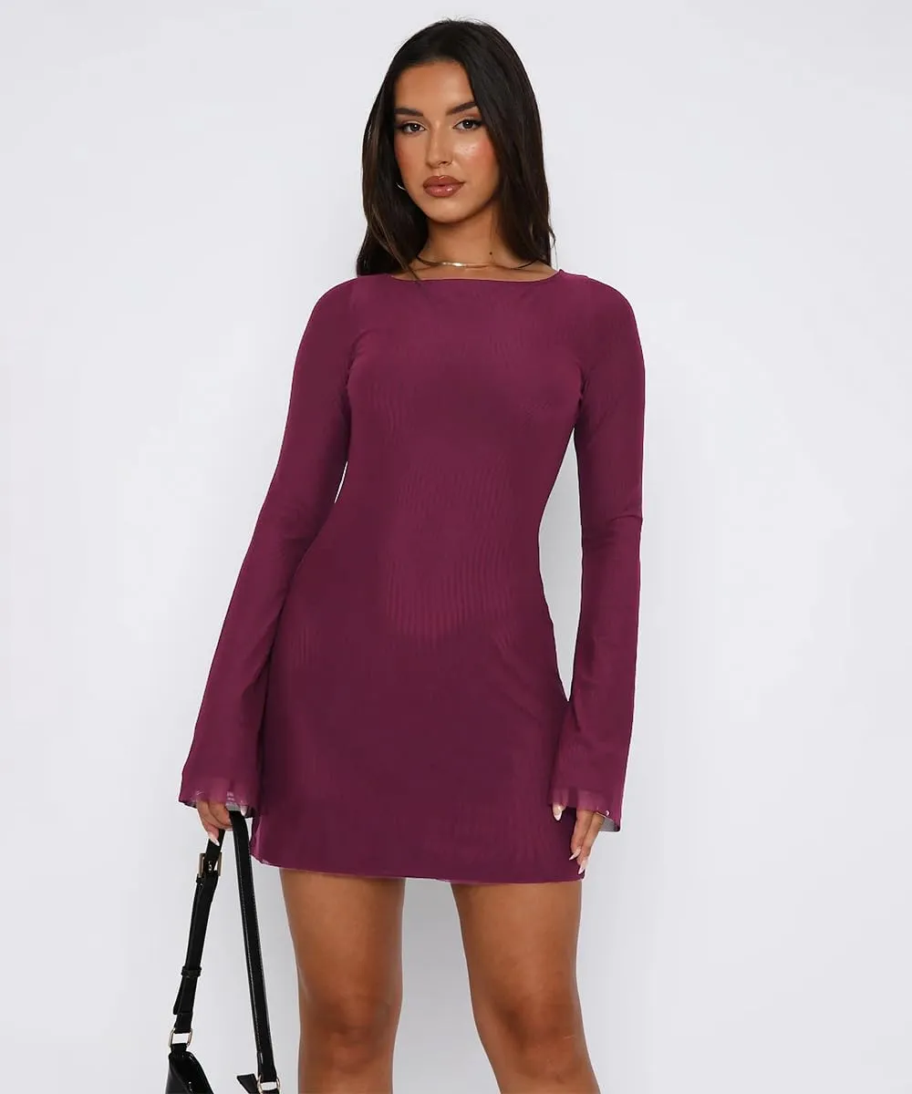 Women Long Sleeve Mini Dress Sexy Boat Neck Mesh Bell Sleeve Self Tie Back Sheer Backless Bodycon Y2k Short Dresses