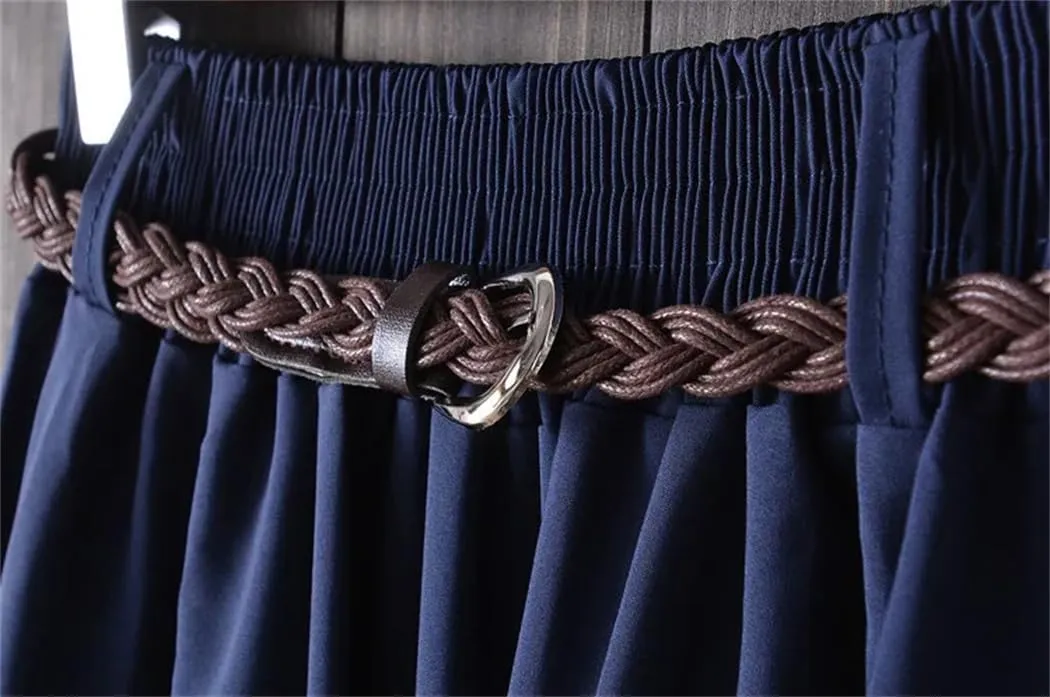 Women Midi Knee Length Summer Skirt with Belt Fashion Korean Ladies High Waist Pleated A-Line Skirts