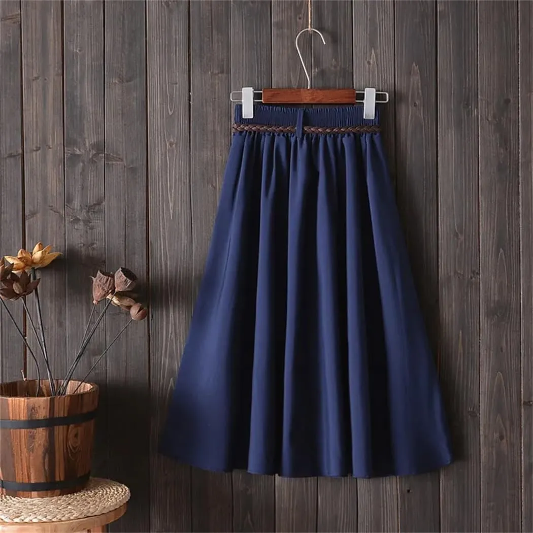 Women Midi Knee Length Summer Skirt with Belt Fashion Korean Ladies High Waist Pleated A-Line Skirts