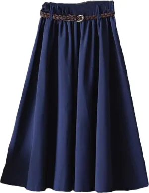 Women Midi Knee Length Summer Skirt with Belt Fashion Korean Ladies High Waist Pleated A-Line Skirts