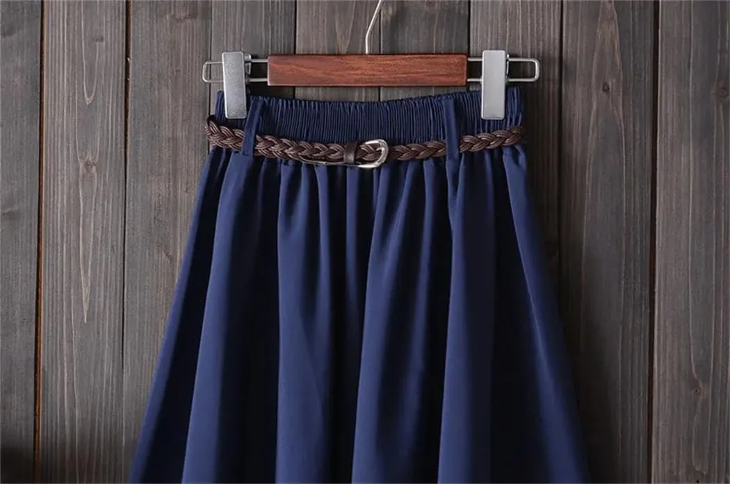 Women Midi Knee Length Summer Skirt with Belt Fashion Korean Ladies High Waist Pleated A-Line Skirts