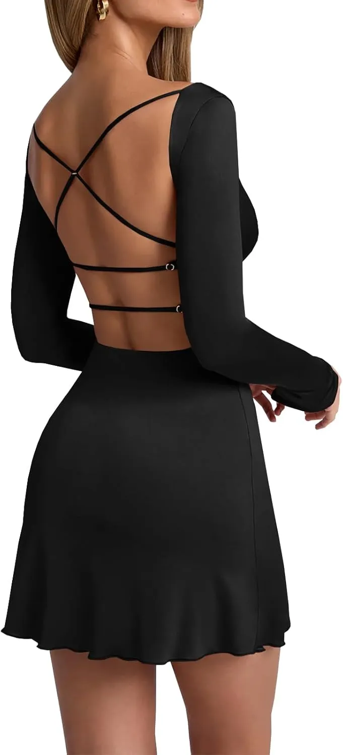 Women Open Back A-line Deep V-Neck Long Sleeve Bodycon Mini Dress Slim Fit Stretchy Cocktail Dresses