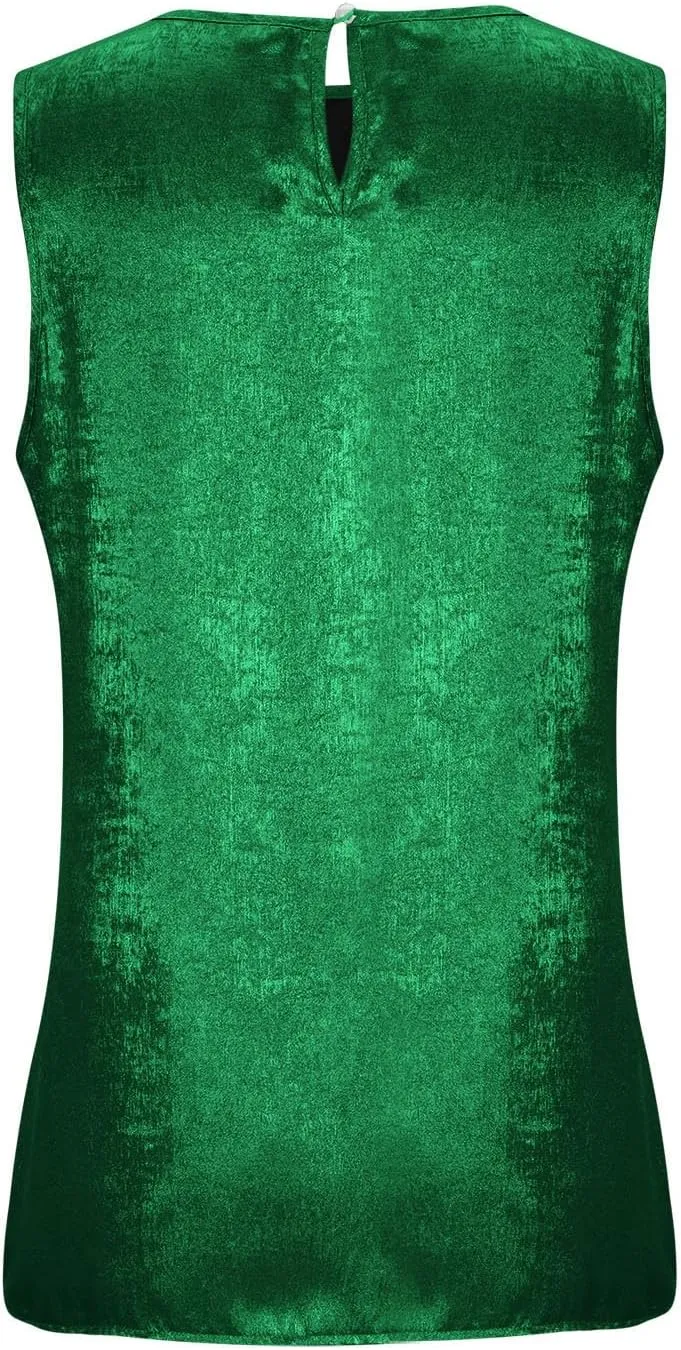 Women Round Neck Metallic Tank Top Sleeveless Shiny Party Club Shirts 2025 Summer Trendy Going Out Blouse