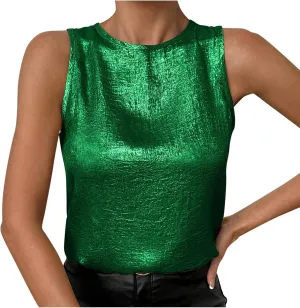 Women Round Neck Metallic Tank Top Sleeveless Shiny Party Club Shirts 2025 Summer Trendy Going Out Blouse
