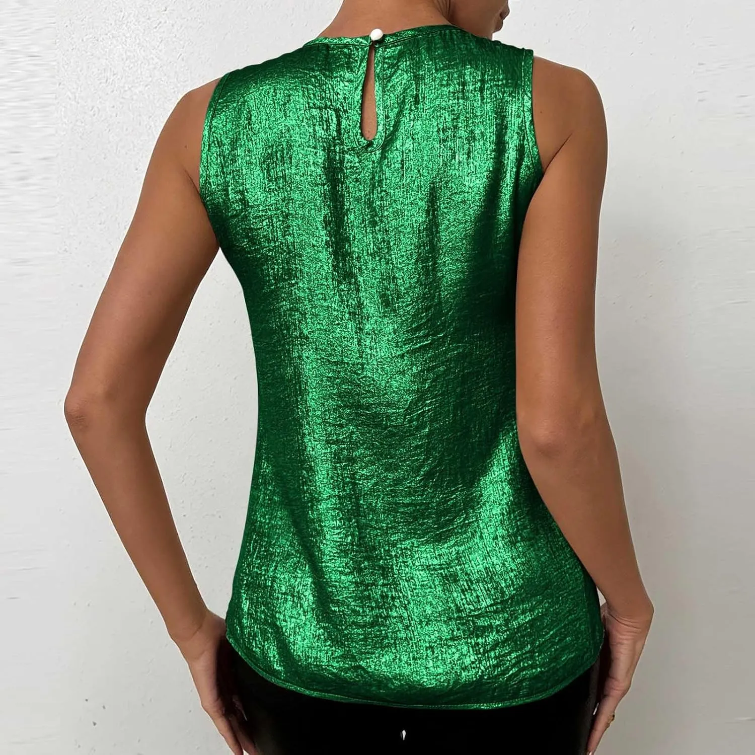 Women Round Neck Metallic Tank Top Sleeveless Shiny Party Club Shirts 2025 Summer Trendy Going Out Blouse