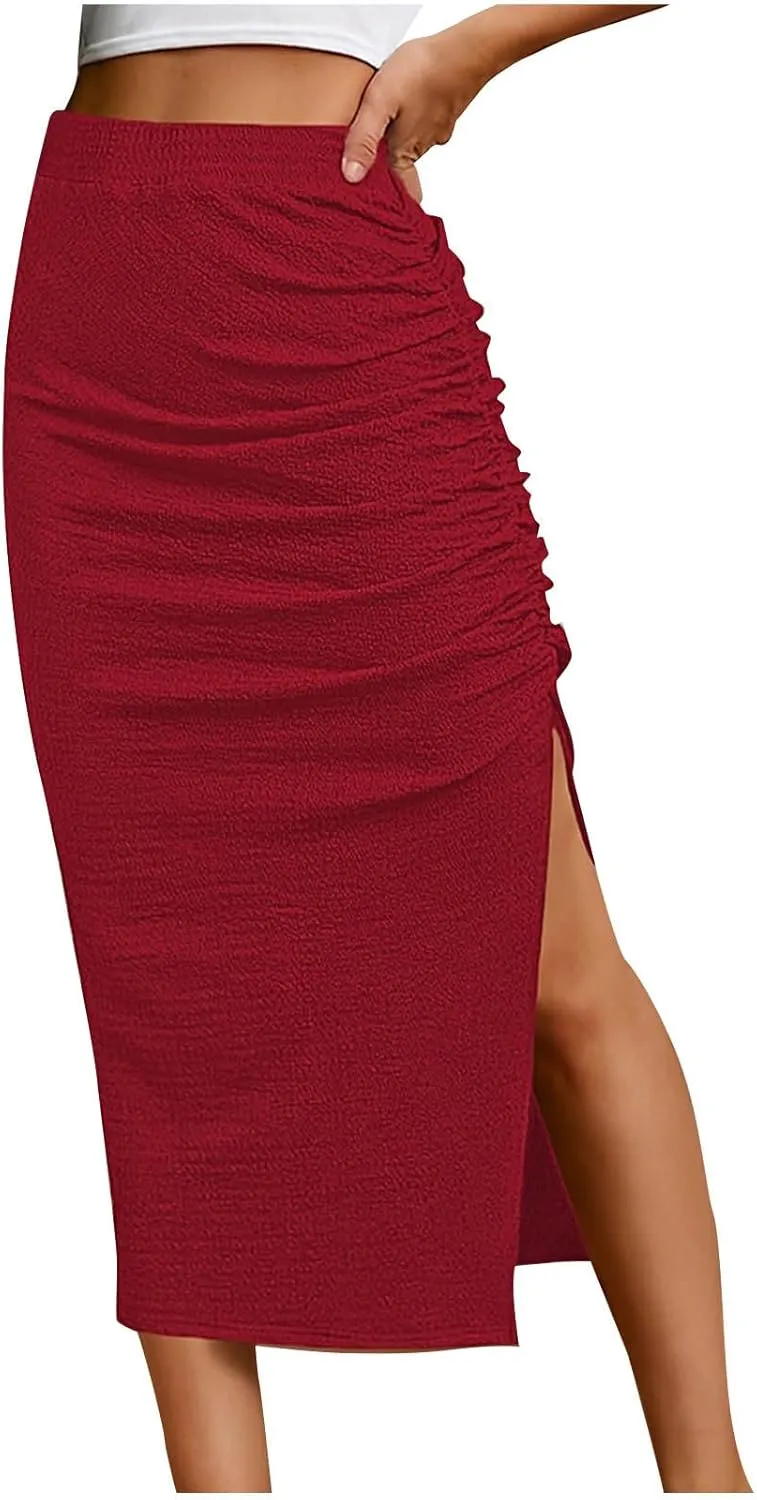 Women Ruched Side Split Pencil Skirt Dressy High Waist Bodycon Midi Skirts Casual Elegant Office Work Long Skirt