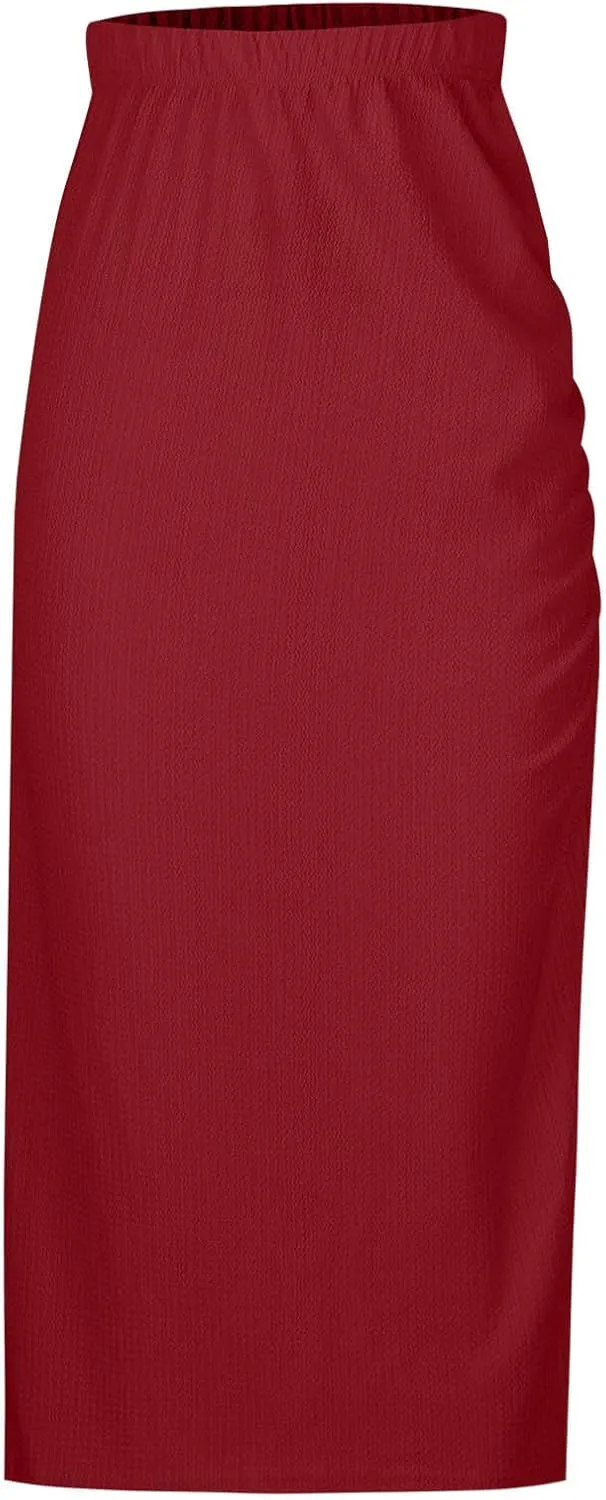 Women Ruched Side Split Pencil Skirt Dressy High Waist Bodycon Midi Skirts Casual Elegant Office Work Long Skirt