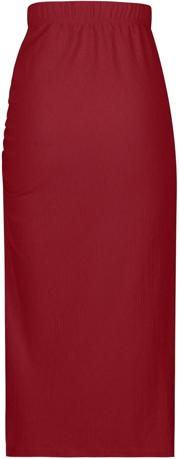 Women Ruched Side Split Pencil Skirt Dressy High Waist Bodycon Midi Skirts Casual Elegant Office Work Long Skirt