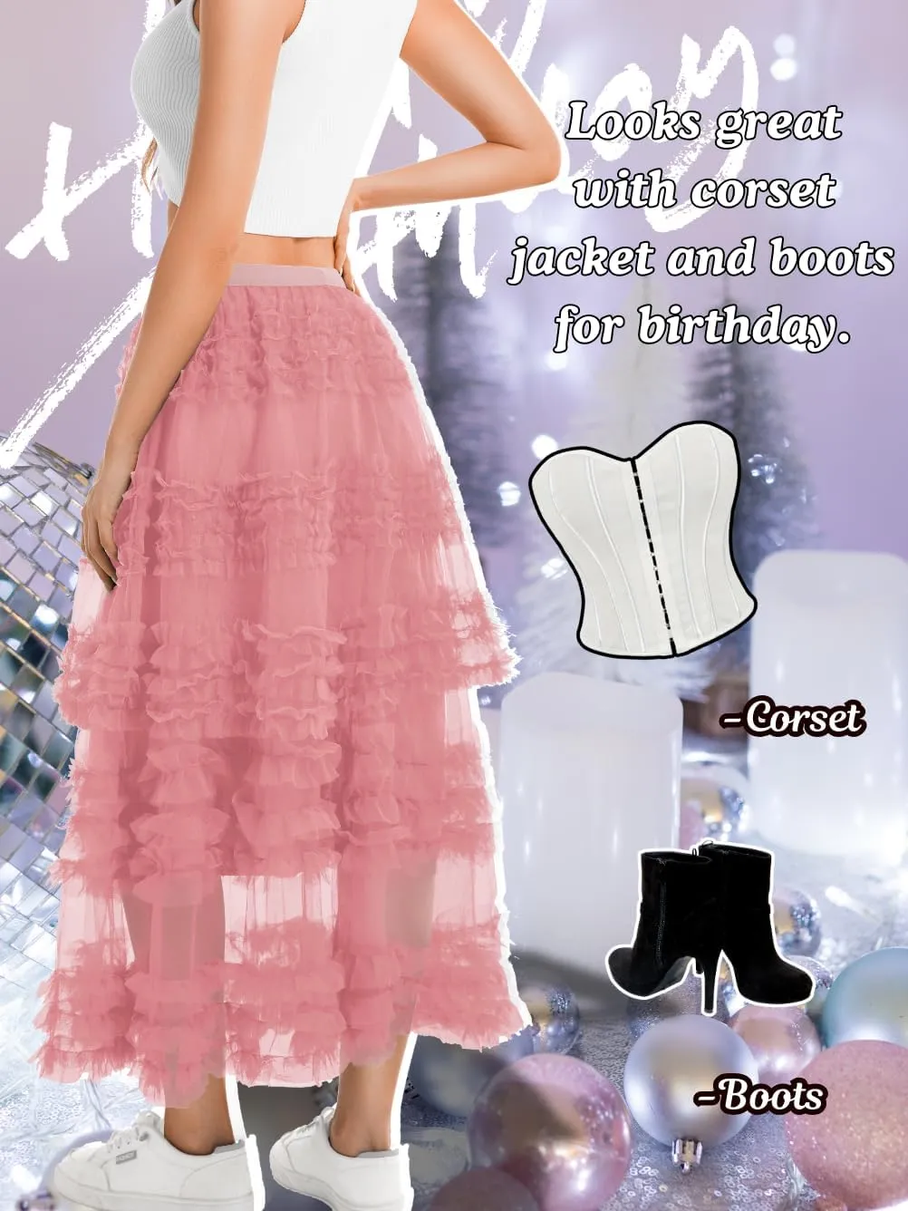 Women Ruffle Maxi Tulle Skirt,A Line Tiered Mesh Long Skirts Renaissance Fairy Costume Birthday Concert Outfit Casual