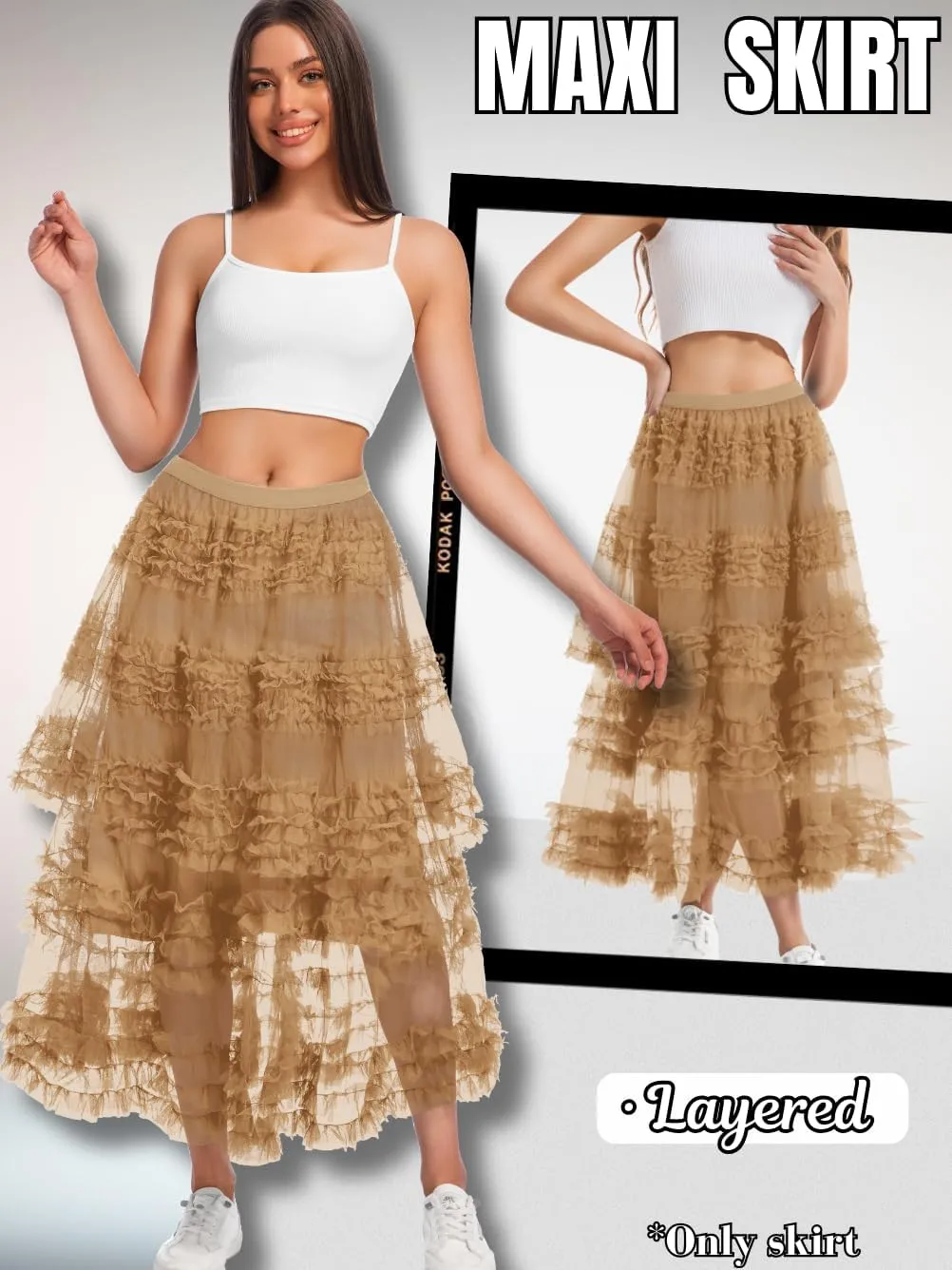 Women Ruffle Maxi Tulle Skirt,A Line Tiered Mesh Long Skirts Renaissance Fairy Costume Birthday Concert Outfit Casual
