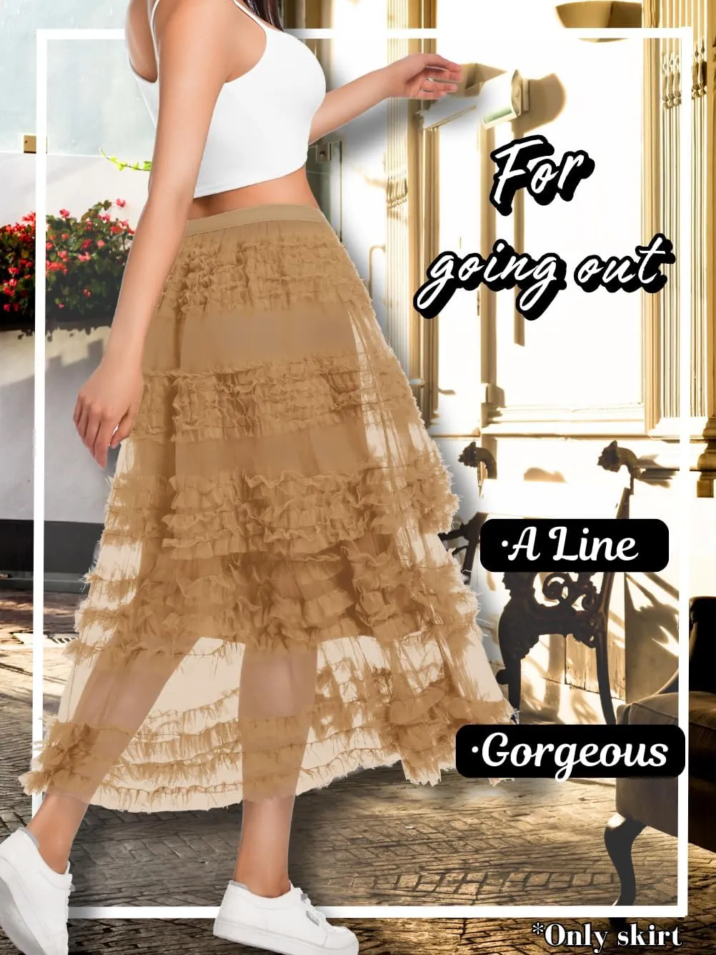 Women Ruffle Maxi Tulle Skirt,A Line Tiered Mesh Long Skirts Renaissance Fairy Costume Birthday Concert Outfit Casual