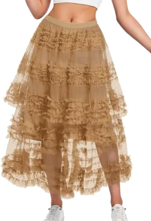 Women Ruffle Maxi Tulle Skirt,A Line Tiered Mesh Long Skirts Renaissance Fairy Costume Birthday Concert Outfit Casual