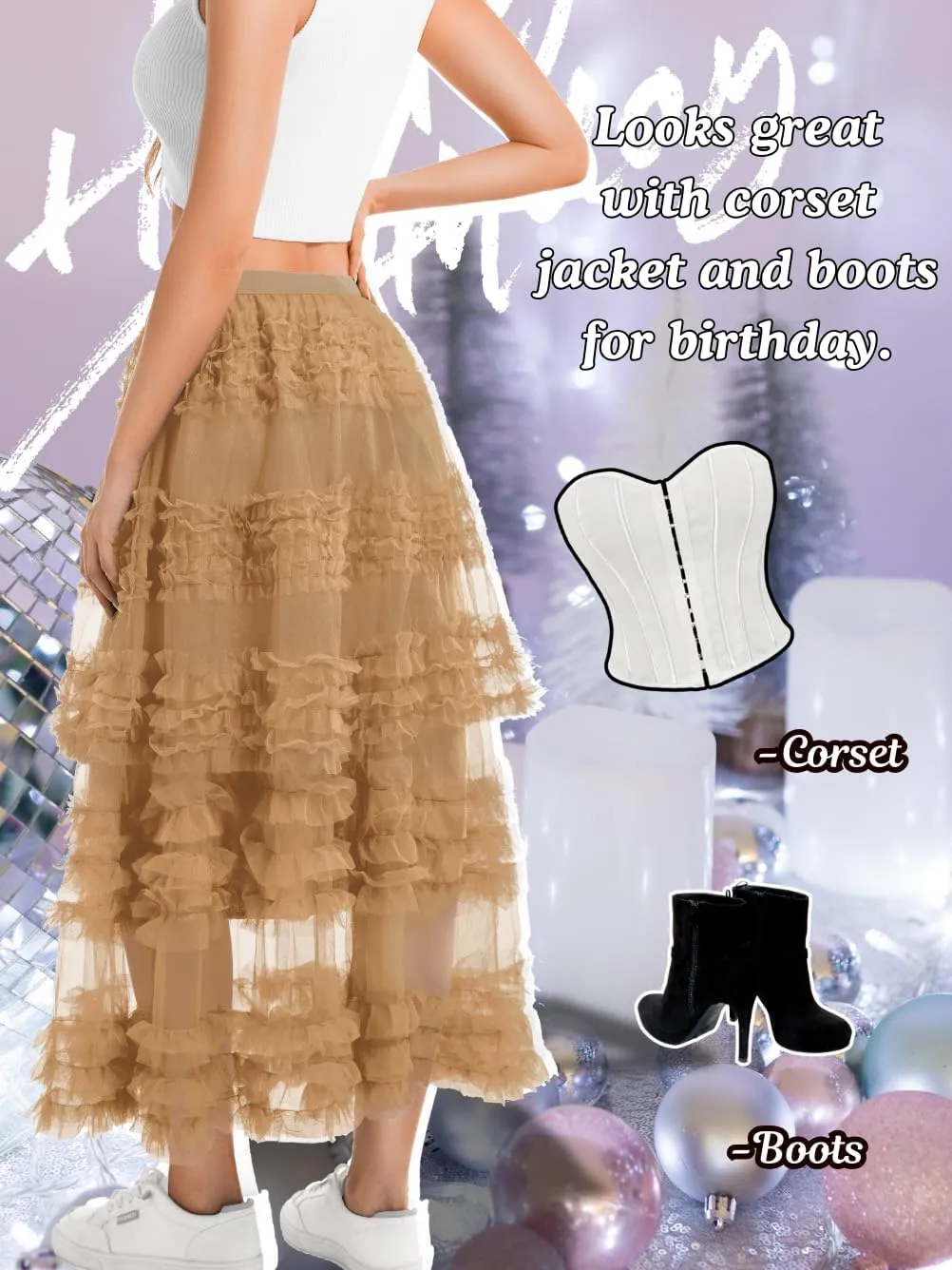 Women Ruffle Maxi Tulle Skirt,A Line Tiered Mesh Long Skirts Renaissance Fairy Costume Birthday Concert Outfit Casual