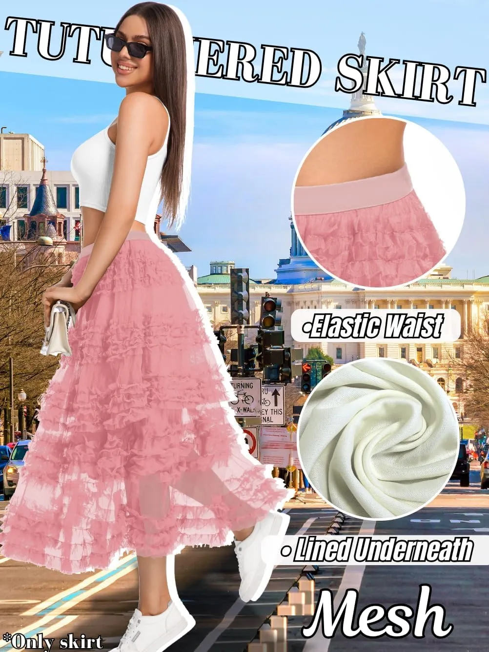 Women Ruffle Maxi Tulle Skirt,A Line Tiered Mesh Long Skirts Renaissance Fairy Costume Birthday Concert Outfit Casual