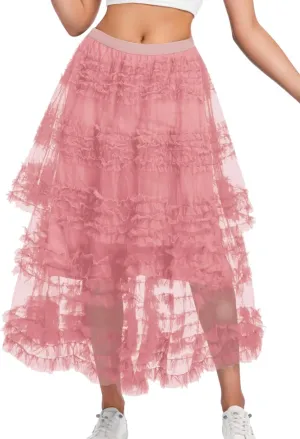 Women Ruffle Maxi Tulle Skirt,A Line Tiered Mesh Long Skirts Renaissance Fairy Costume Birthday Concert Outfit Casual