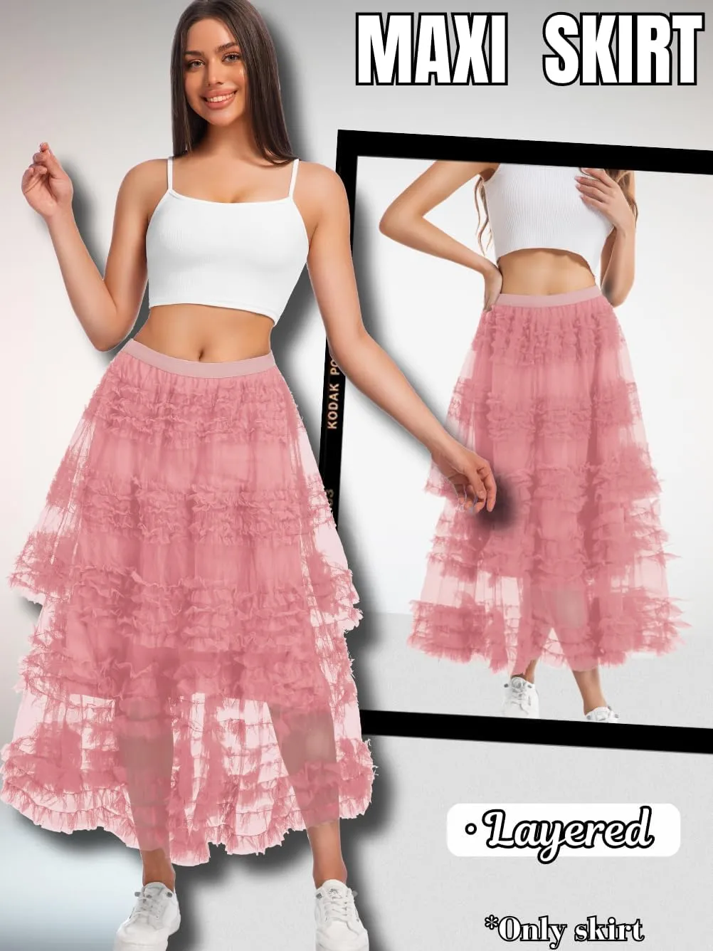Women Ruffle Maxi Tulle Skirt,A Line Tiered Mesh Long Skirts Renaissance Fairy Costume Birthday Concert Outfit Casual