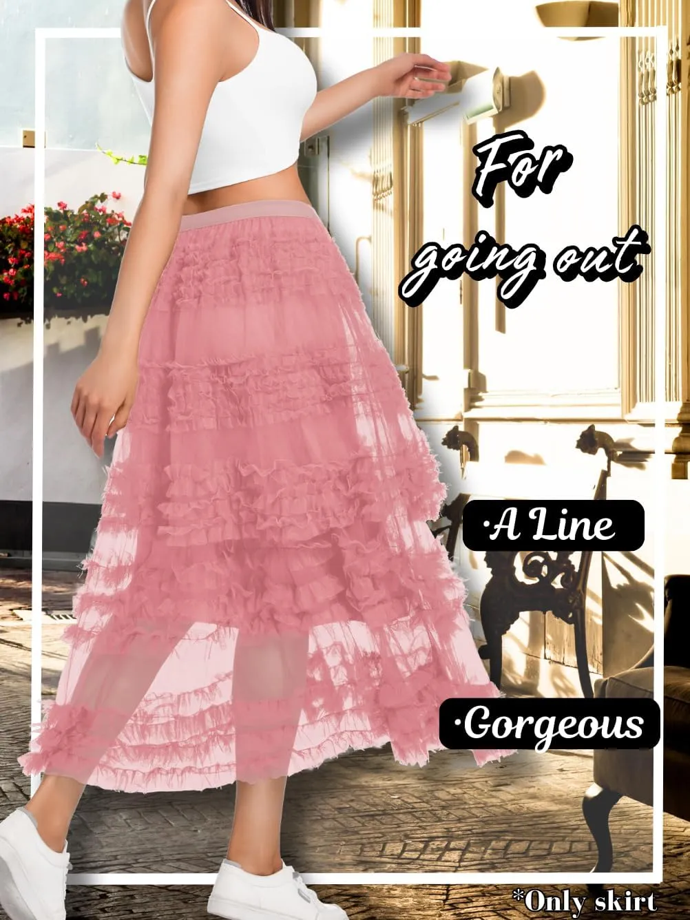 Women Ruffle Maxi Tulle Skirt,A Line Tiered Mesh Long Skirts Renaissance Fairy Costume Birthday Concert Outfit Casual