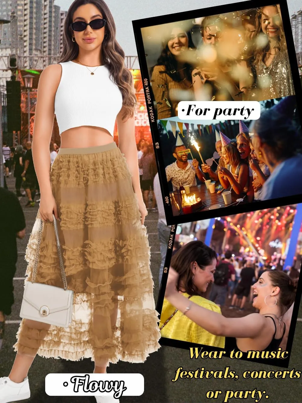 Women Ruffle Maxi Tulle Skirt,A Line Tiered Mesh Long Skirts Renaissance Fairy Costume Birthday Concert Outfit Casual