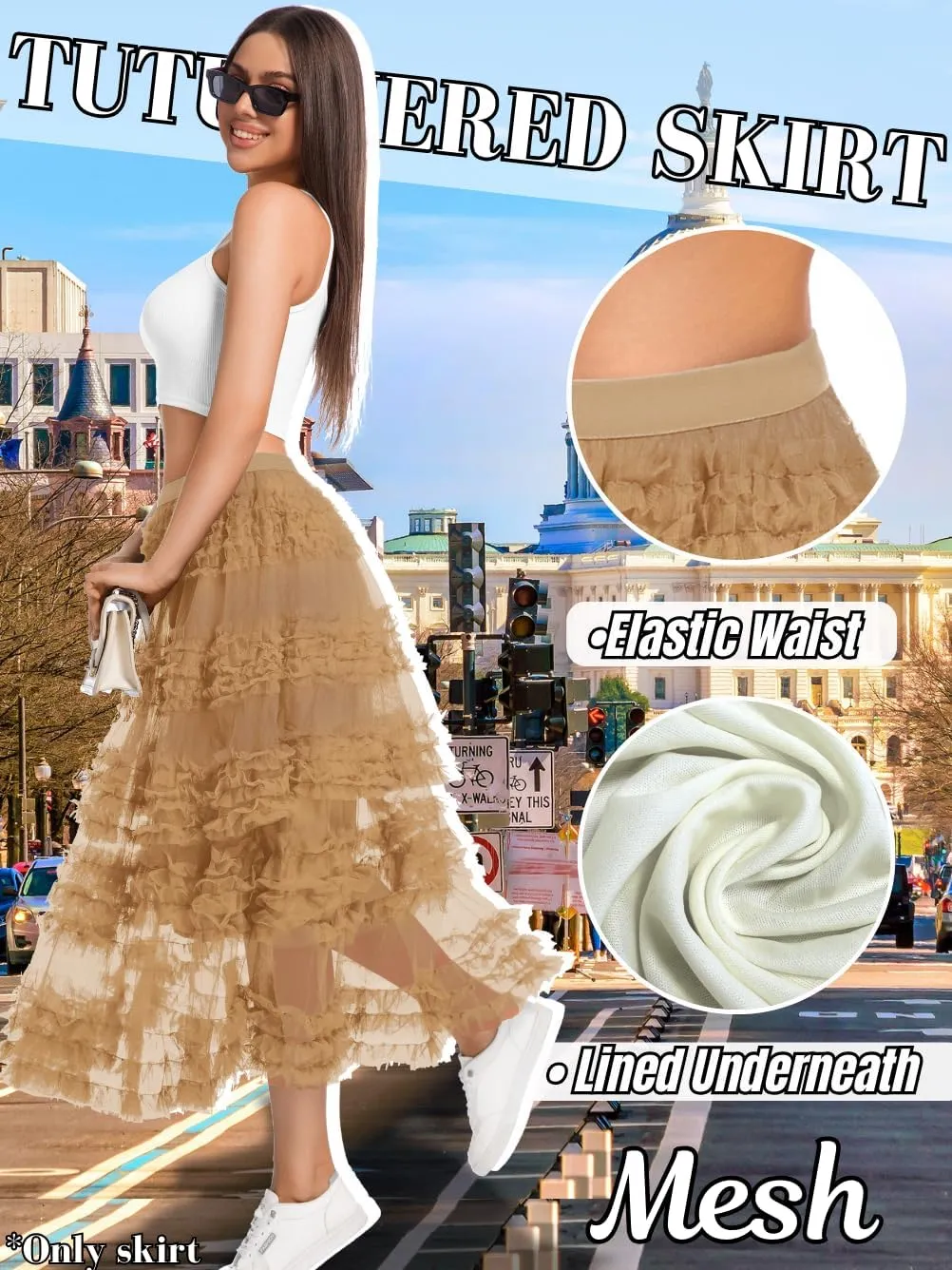 Women Ruffle Maxi Tulle Skirt,A Line Tiered Mesh Long Skirts Renaissance Fairy Costume Birthday Concert Outfit Casual