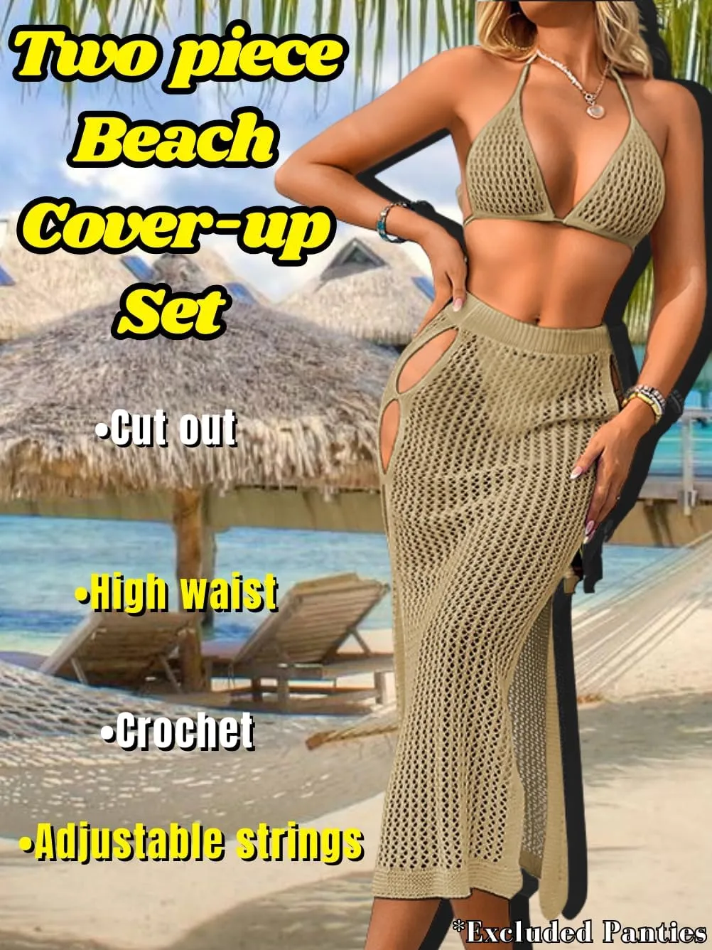 Women Sexy Two Piece Crochet Swimsuit Coverup, Slit Maxi Bikini Skirt Cover Up, Sheer Boho Bathing Suit Beach Outfits