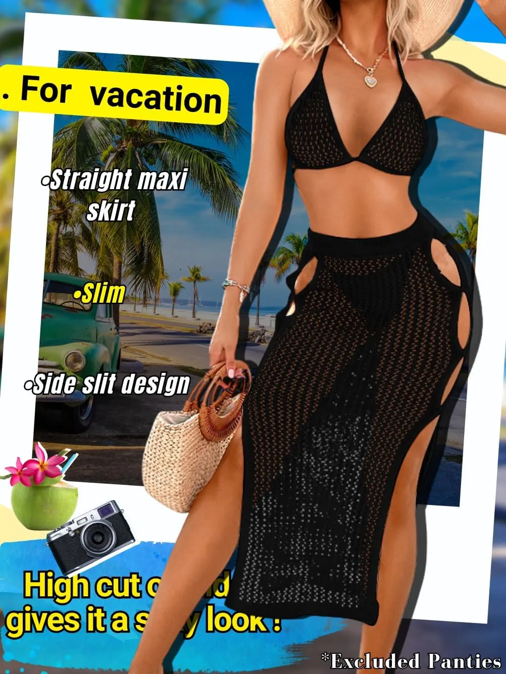 Women Sexy Two Piece Crochet Swimsuit Coverup, Slit Maxi Bikini Skirt Cover Up, Sheer Boho Bathing Suit Beach Outfits
