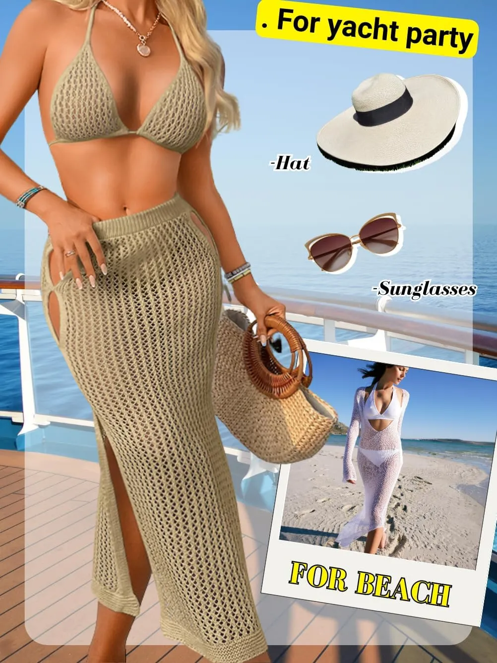 Women Sexy Two Piece Crochet Swimsuit Coverup, Slit Maxi Bikini Skirt Cover Up, Sheer Boho Bathing Suit Beach Outfits