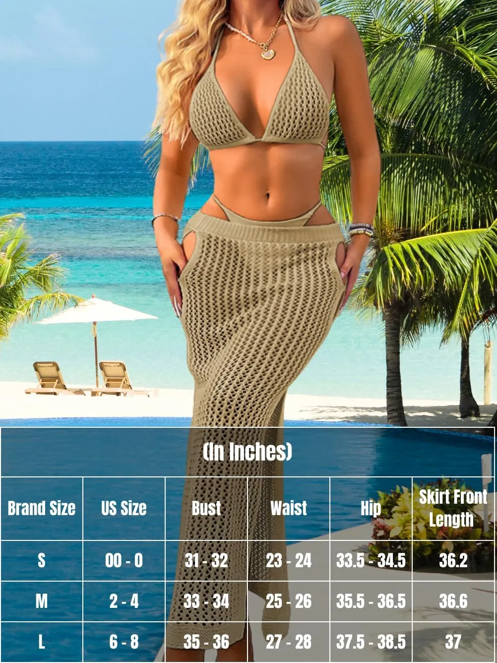 Women Sexy Two Piece Crochet Swimsuit Coverup, Slit Maxi Bikini Skirt Cover Up, Sheer Boho Bathing Suit Beach Outfits