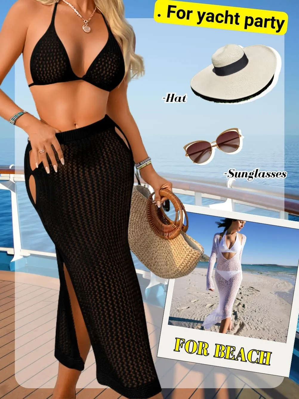 Women Sexy Two Piece Crochet Swimsuit Coverup, Slit Maxi Bikini Skirt Cover Up, Sheer Boho Bathing Suit Beach Outfits