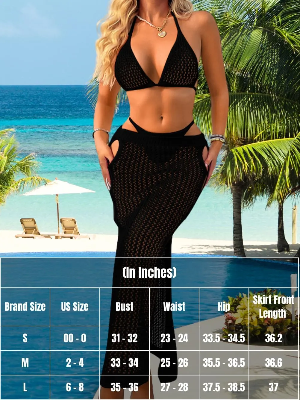 Women Sexy Two Piece Crochet Swimsuit Coverup, Slit Maxi Bikini Skirt Cover Up, Sheer Boho Bathing Suit Beach Outfits