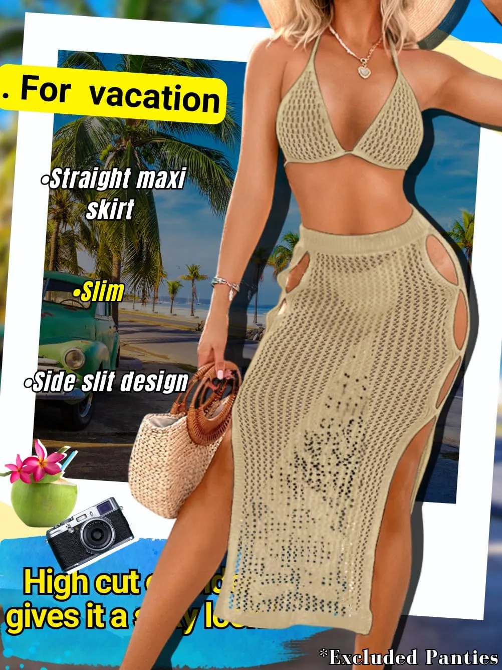 Women Sexy Two Piece Crochet Swimsuit Coverup, Slit Maxi Bikini Skirt Cover Up, Sheer Boho Bathing Suit Beach Outfits
