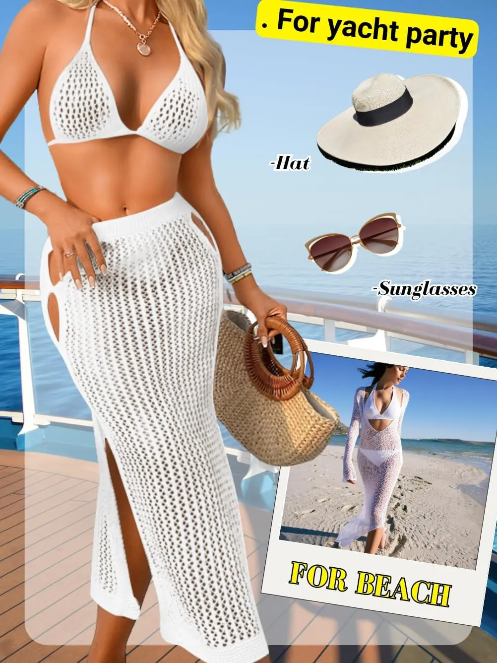 Women Sexy Two Piece Crochet Swimsuit Coverup, Slit Maxi Bikini Skirt Cover Up, Sheer Boho Bathing Suit Beach Outfits