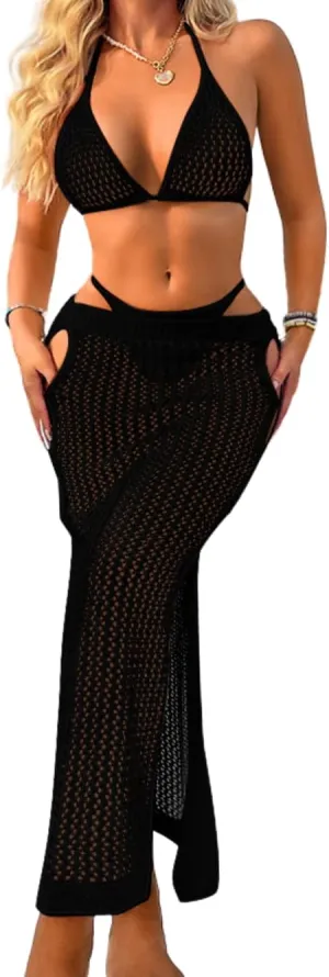 Women Sexy Two Piece Crochet Swimsuit Coverup, Slit Maxi Bikini Skirt Cover Up, Sheer Boho Bathing Suit Beach Outfits