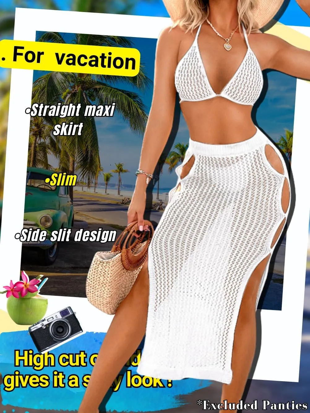 Women Sexy Two Piece Crochet Swimsuit Coverup, Slit Maxi Bikini Skirt Cover Up, Sheer Boho Bathing Suit Beach Outfits