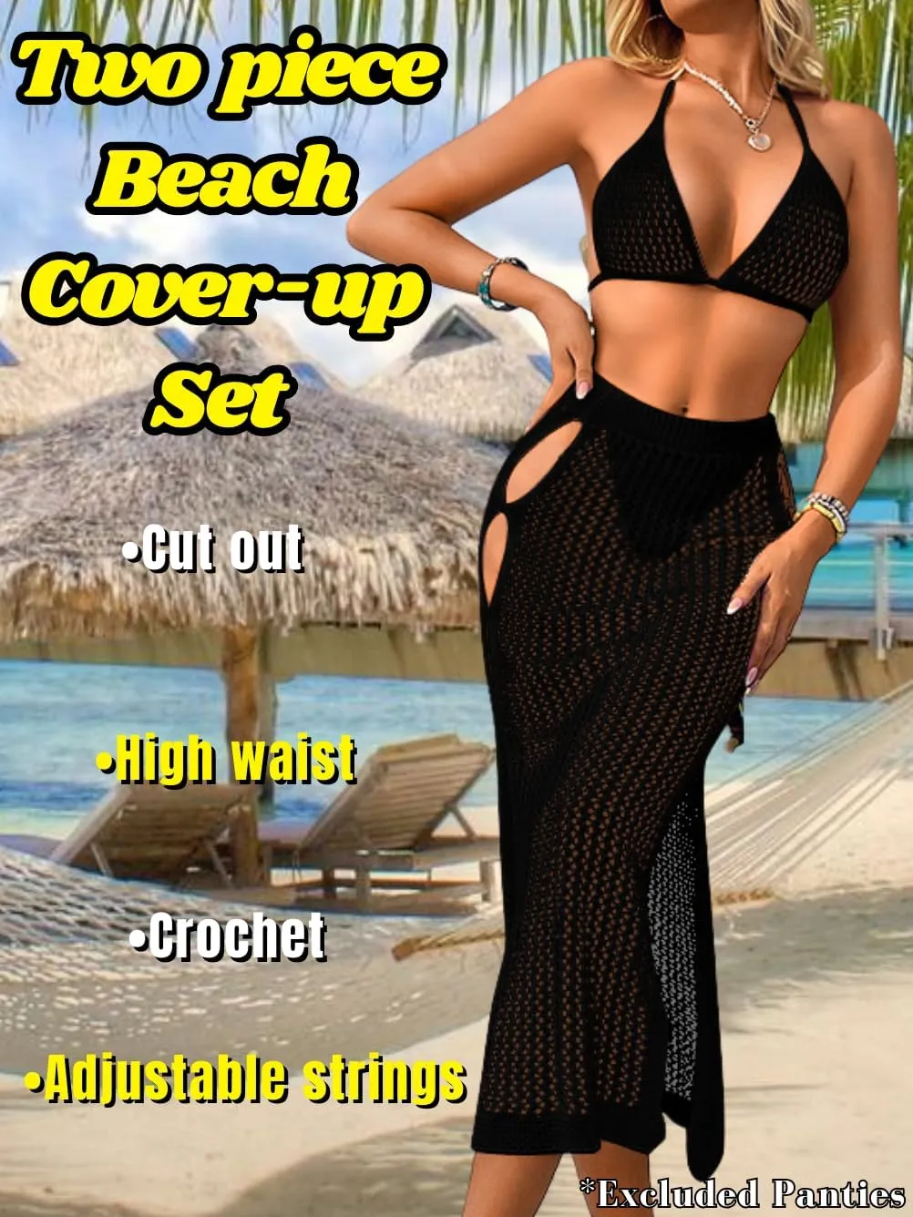 Women Sexy Two Piece Crochet Swimsuit Coverup, Slit Maxi Bikini Skirt Cover Up, Sheer Boho Bathing Suit Beach Outfits