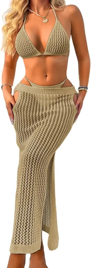 Women Sexy Two Piece Crochet Swimsuit Coverup, Slit Maxi Bikini Skirt Cover Up, Sheer Boho Bathing Suit Beach Outfits