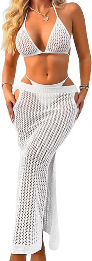 Women Sexy Two Piece Crochet Swimsuit Coverup, Slit Maxi Bikini Skirt Cover Up, Sheer Boho Bathing Suit Beach Outfits