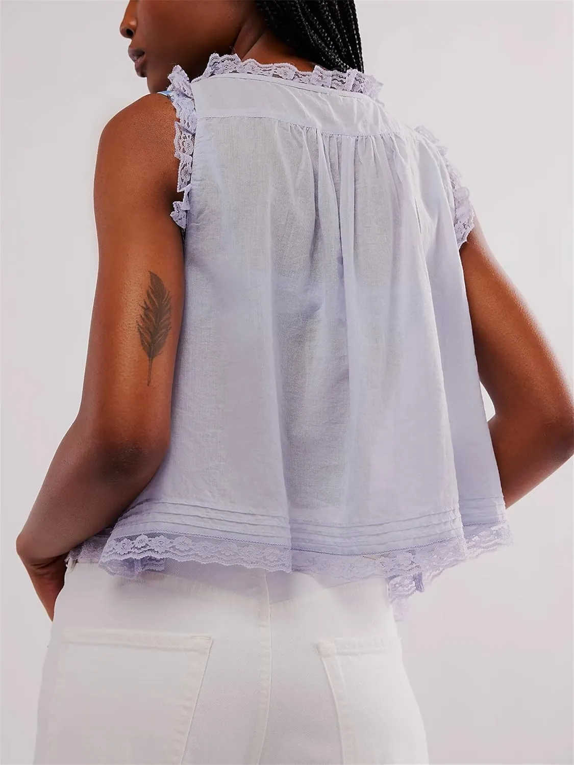 Women Sleeveless Lace Trim Tank Tops Beach Vacation Essentials Button Down Front Tie Mesh Chiffon Crop Tops
