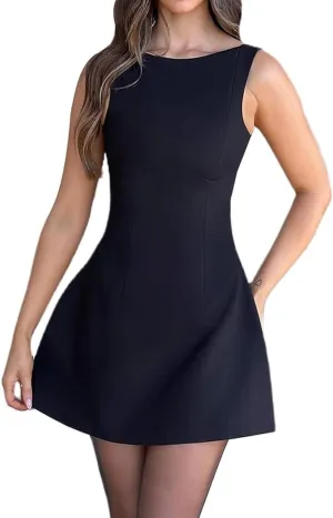 Women Sleeveless Mini Dress Summer Mock Neck Zipper Backless Slim A Line Dress Party Cocktail Bodycon Short Dresses