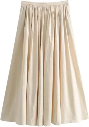 Women Solid Pleated Front Slit Midi Skirt Vintage Mid Waist A-Line Skirts