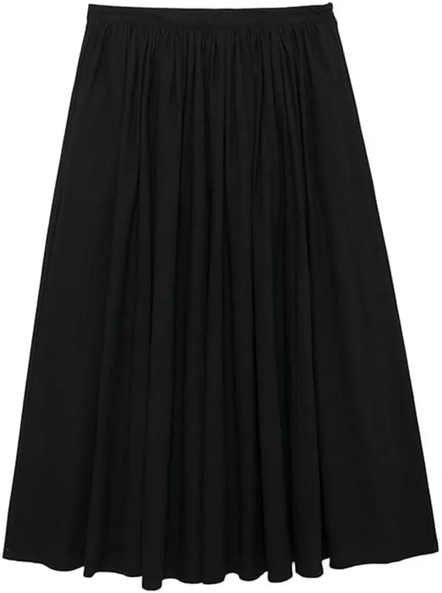 Women Solid Pleated Front Slit Midi Skirt Vintage Mid Waist A-Line Skirts
