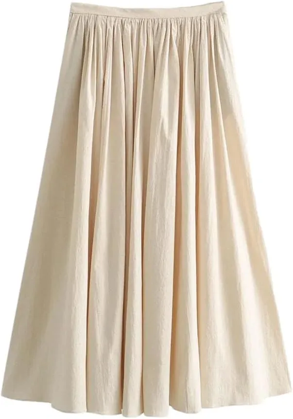 Women Solid Pleated Front Slit Midi Skirt Vintage Mid Waist A-Line Skirts